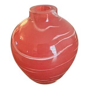 Vintage Hand Blown Art Glass Bud Vase Swirled Red & White 3" X 3.5" Decorative